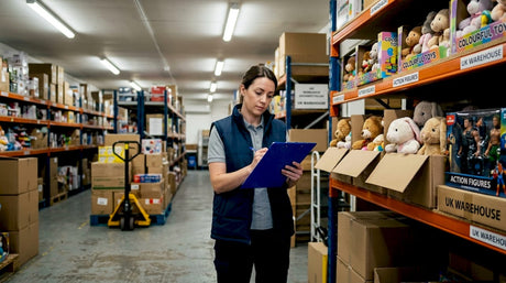 Toy supplier checking inventory in warehouse
