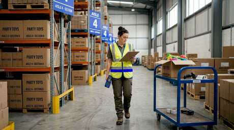 Supervisor checking party toy stock in UK warehouse