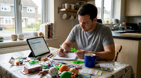 Business owner pricing novelty items at kitchen table
