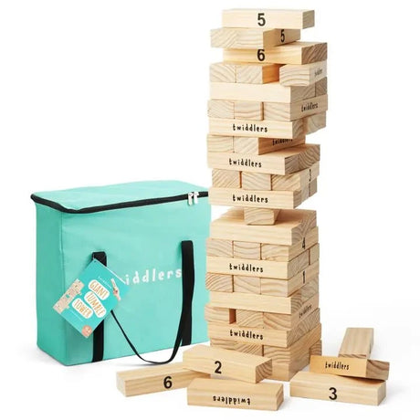 Large Tumble Tower garden lawn game with 64 wooden blocks and storage bag.