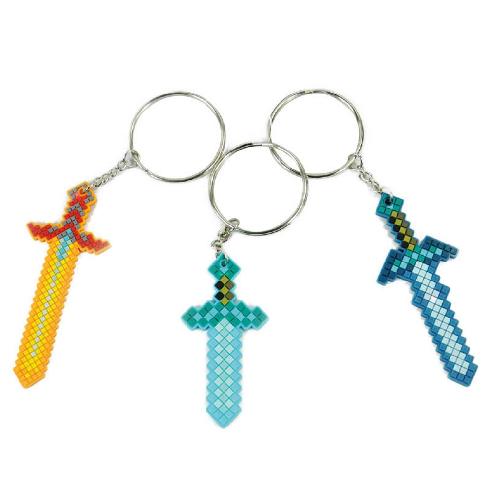 Pixel Sword Keyring featuring miniature pixelated swords in various colors.