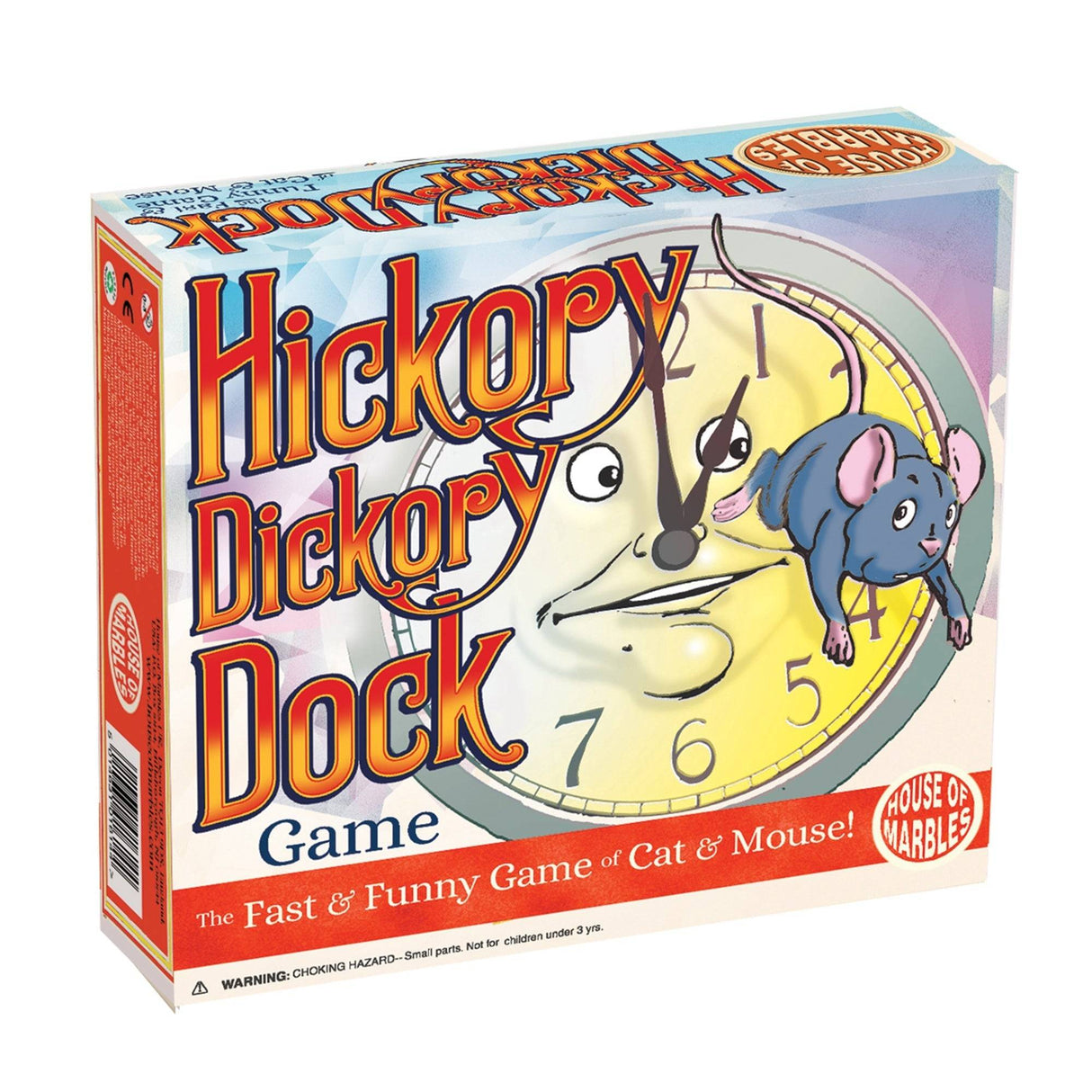 Hickory Dickory Dock board game box featuring a clock and mouse illustration.