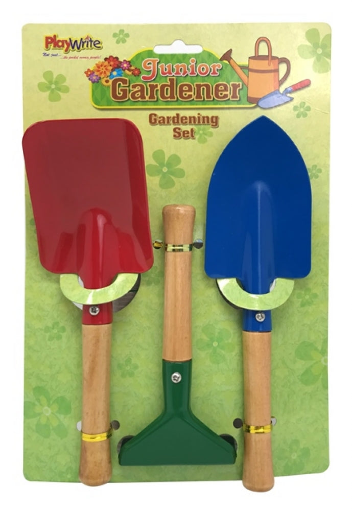 Children's gardening set with shovel, trowel, and rake for nature play.