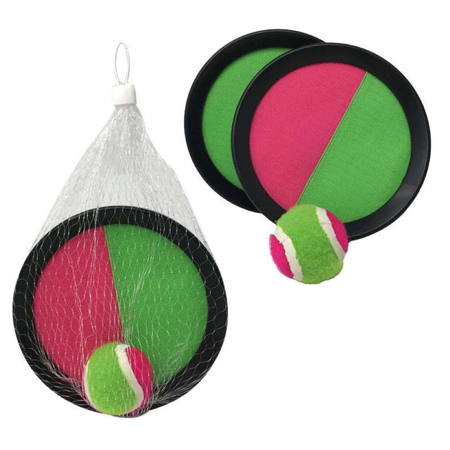 Sticky Catch Game 15cm with colorful paddles and ball in mesh bag for indoor or outdoor fun.
