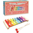 Colorful wooden xylophone with rainbow keys and mallets in front of packaging box.