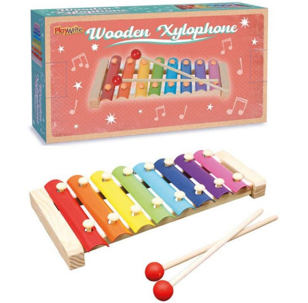 Colorful wooden xylophone with rainbow keys and mallets in front of packaging box.