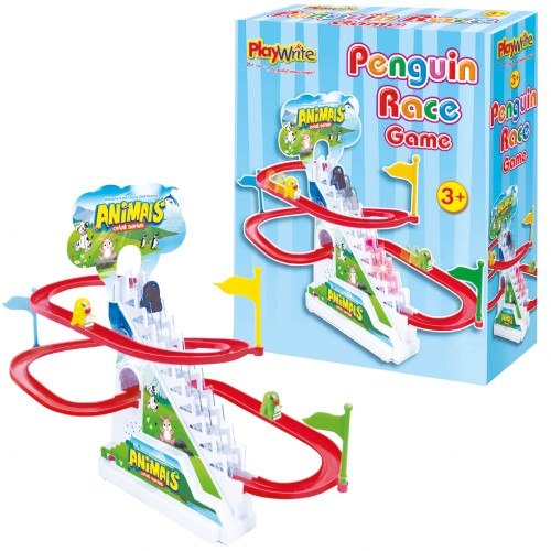 Penguin race game with colorful track and penguin characters.