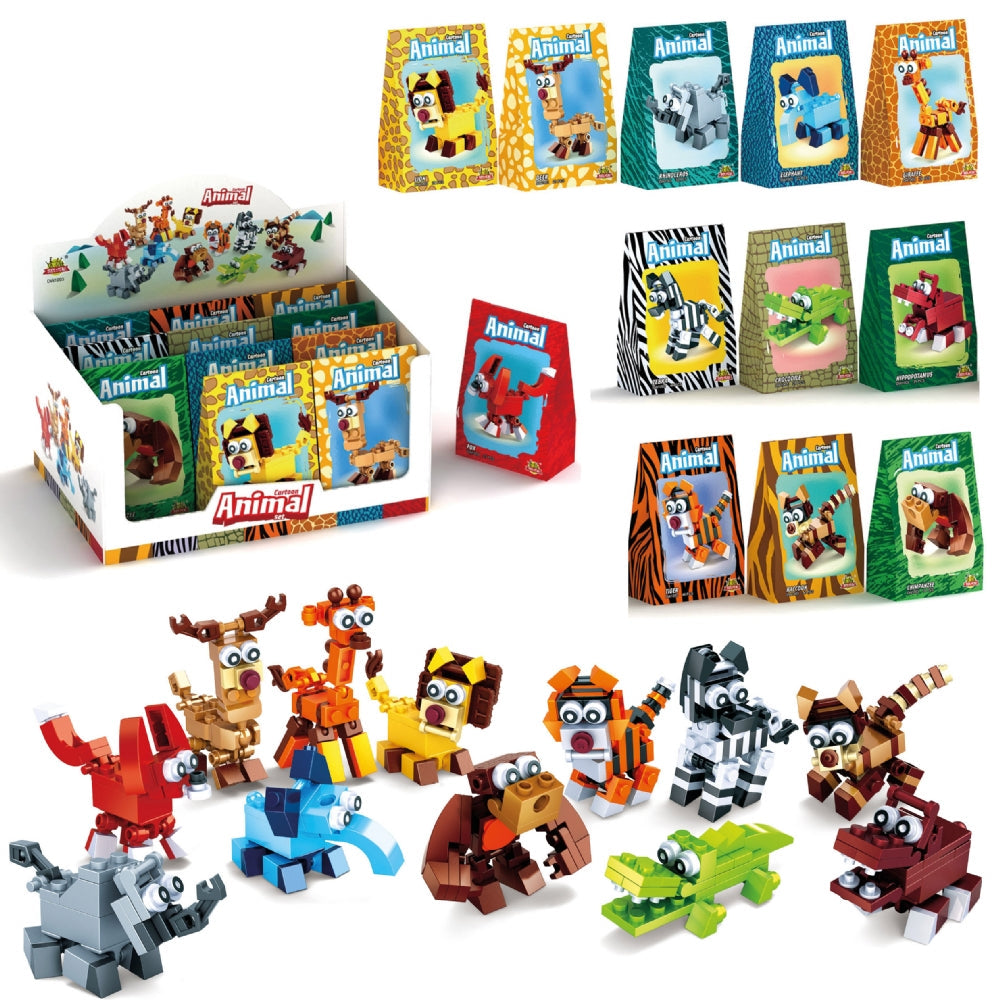 Jungle Animal Brick Kit with various colorful brick animals displayed in packaging and assembled form.