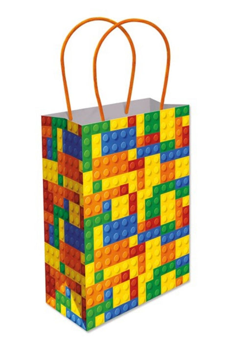 Colorful brick-themed party bag with orange handles.