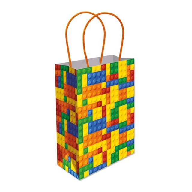 Colorful brick-themed party bag with orange handles.