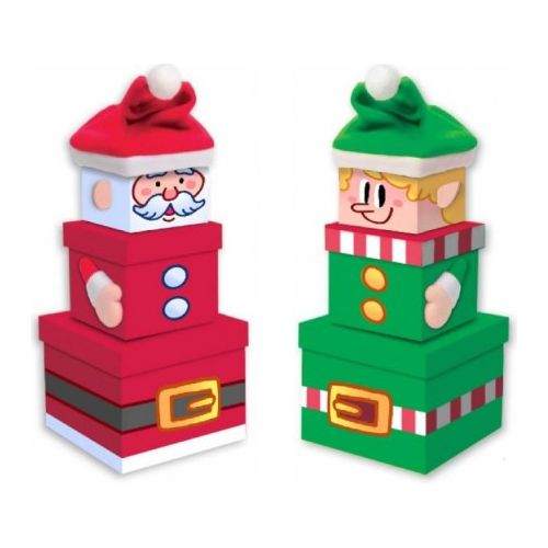 Festive Santa and elf Christmas nesting boxes for holiday storage and display.