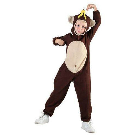 Child wearing a brown monkey costume for ages 7-9, fancy dress outfit.