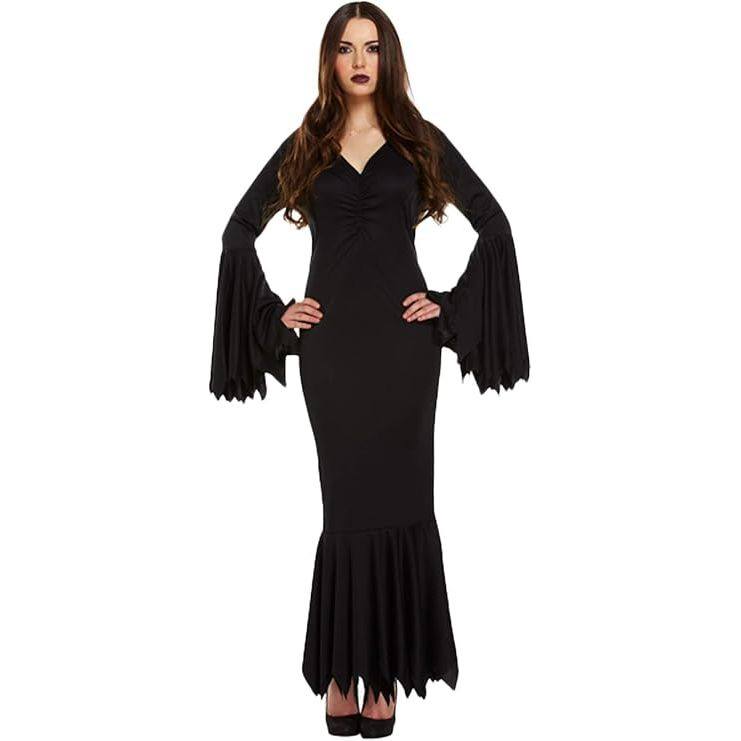 Vampiress Halloween Costume for women, elegant black dress with dramatic sleeves, UK Size 8-14.