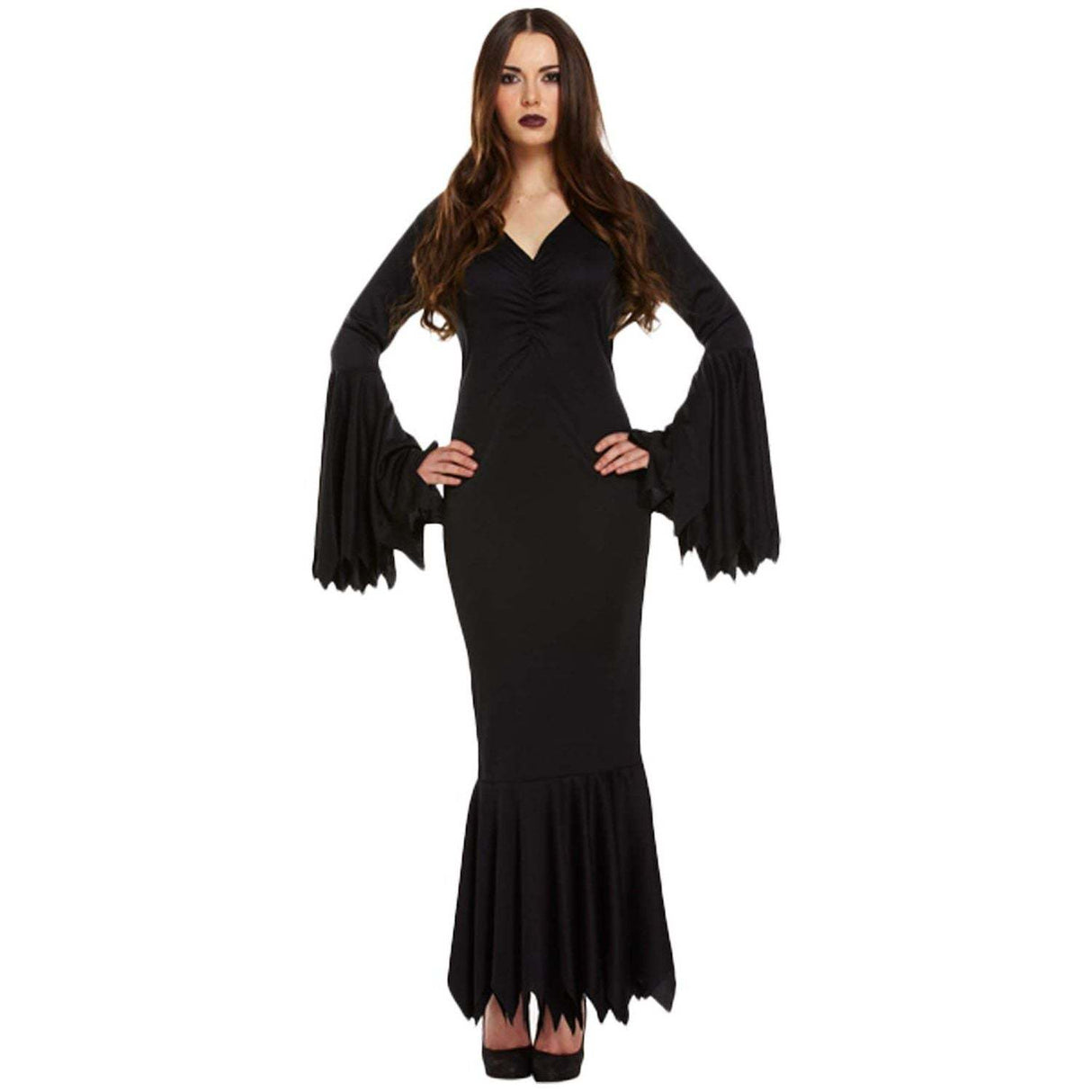 Adult Vampiress Halloween Fancy Dress Costume in black, full-length with flared sleeves.