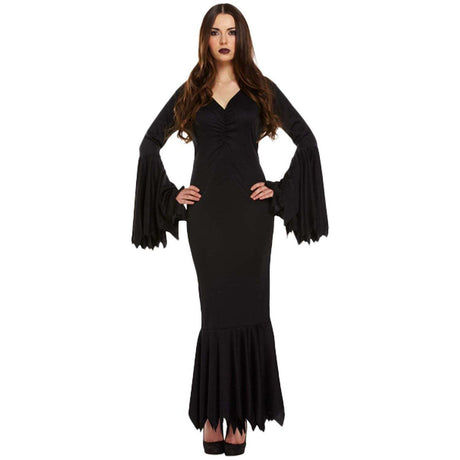 Adult Vampiress Halloween Fancy Dress Costume in black, full-length with flared sleeves.