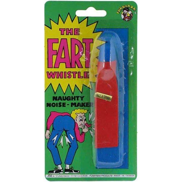 Fart Whistle packaging with colorful design, naughty noise maker. Great stocking filler.