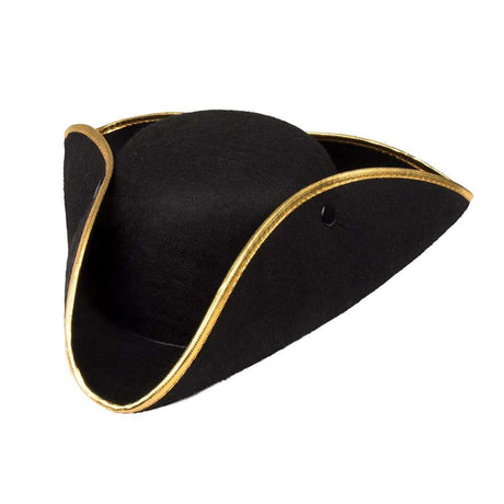 Black three-pointed admiral pirate hat with gold trim for adults.