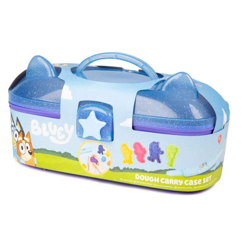 Bluey Dough Carry Case with 4 pots, cutters, roller, and stickers for creative play.