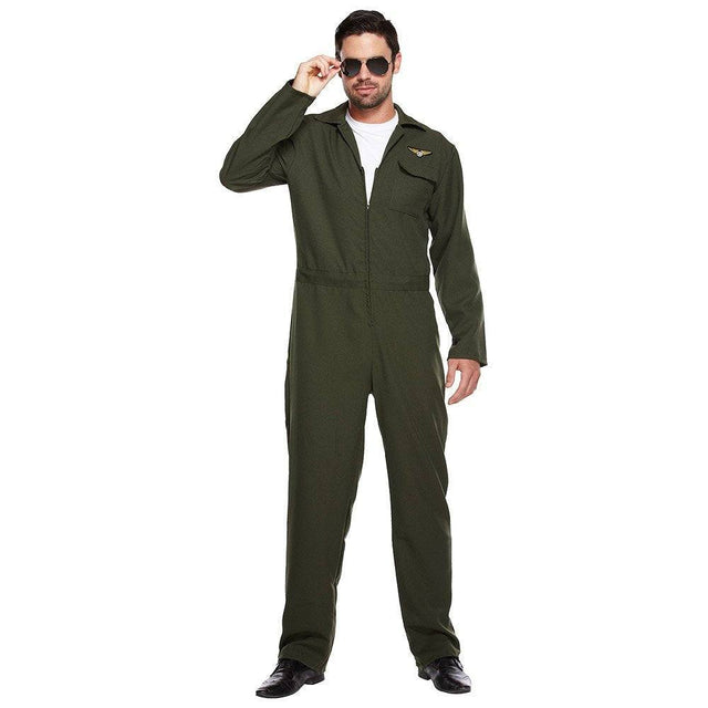 Mens Green Aviator Flight Suit Jumpsuit Fancy Dress Costume