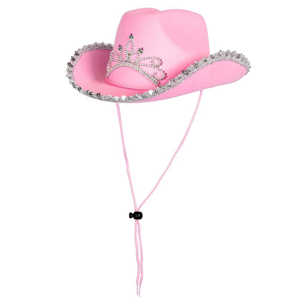 Child's pink glimmer cowgirl hat with glittering tiara accessory.