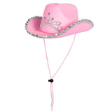 Child's pink glimmer cowgirl hat with glittering tiara accessory.