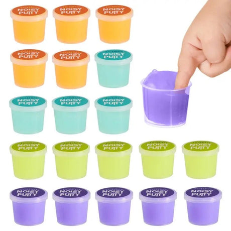 Mini noisy slime pot in assorted vibrant colors for playful fun.