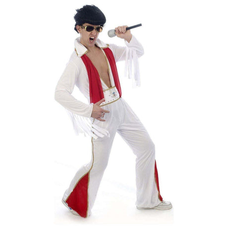 50's Rockstar Flares Costume with white jumpsuit, red details, and accessories.