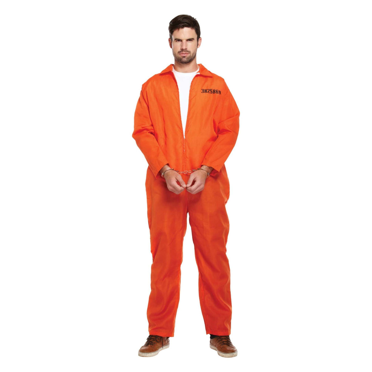 Adult men's orange prison jumpsuit fancy dress costume with metal handcuffs.