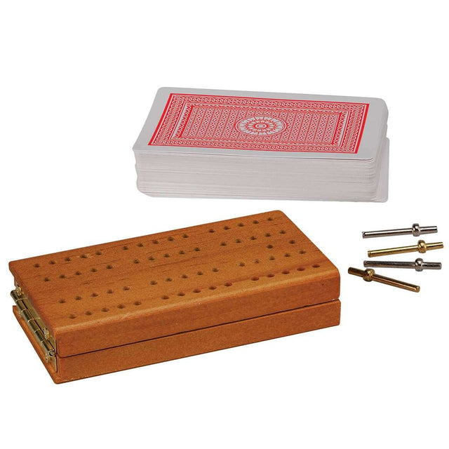 Wooden Cribbage Set with cards and pegs for classic game nights.