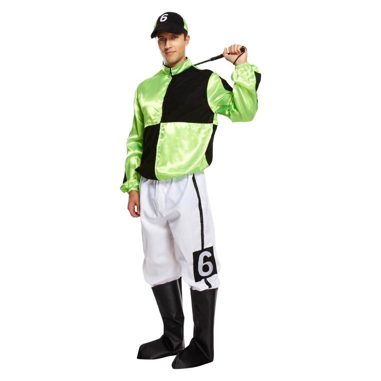 Adult men's green and black horse jockey outfit with peaked hat and boot covers.