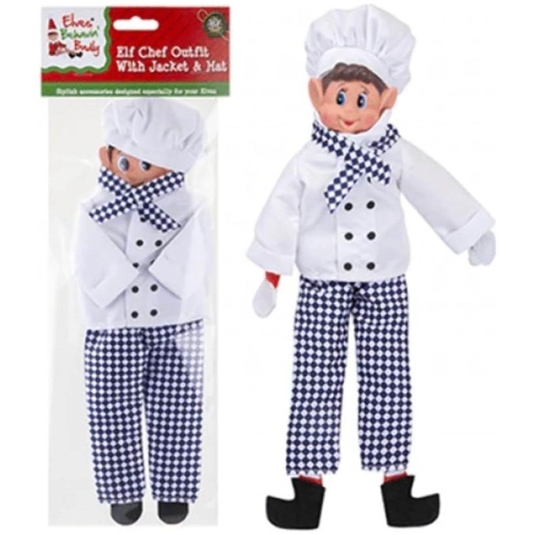 Elf chef outfit for 12 inch elves, featuring jacket and hat, Elves Behavin Badly novelty costume.