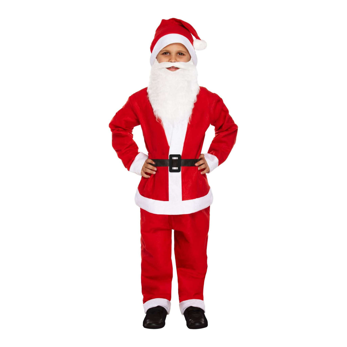 Children's Santa Claus costume for ages 10-12 with red jacket, trousers, hat, beard, and black belt.