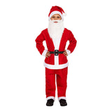 Children's Santa Claus costume for ages 10-12 with red jacket, trousers, hat, beard, and black belt.