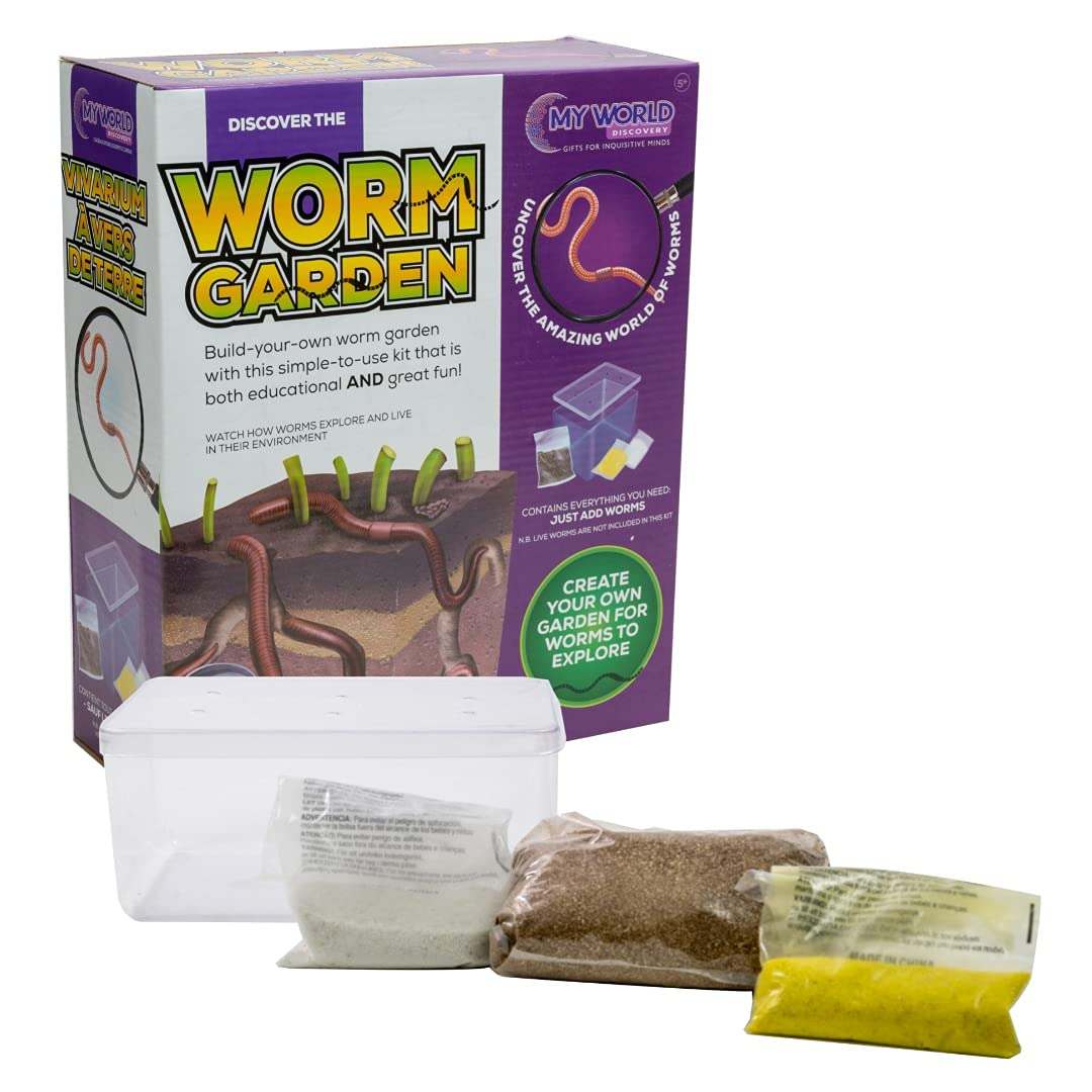 My World Worm Garden tank kit with packaging and contents including sand bags and tunnelling material.