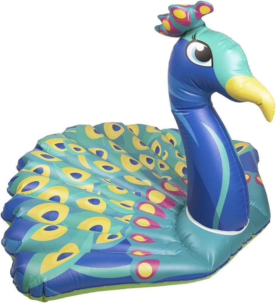 Inflatable Peacock lounger pool toy with vibrant colors and unique design.
