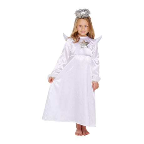 Children's white angel costume with silver halo headband, featuring long sleeves and star detail, ideal for Xmas and nativity plays.