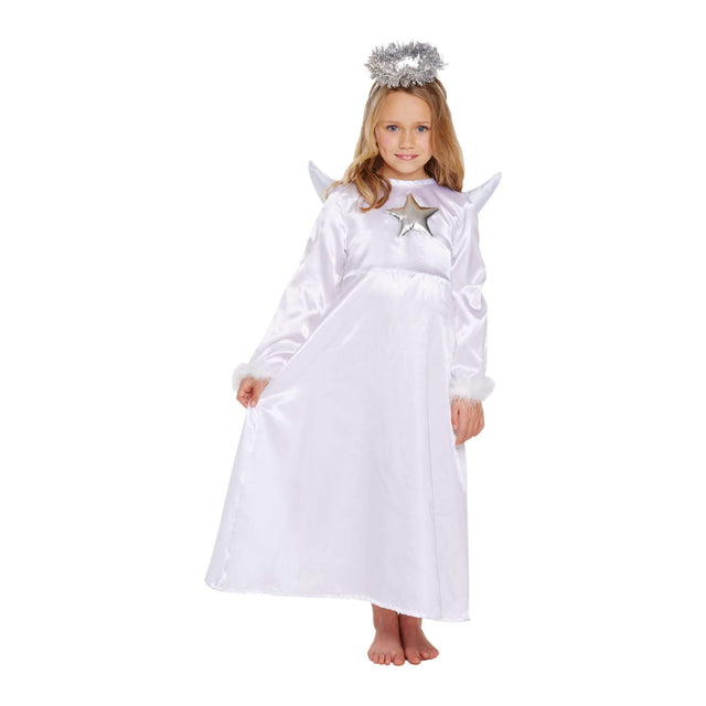 Children's white angel costume with silver halo headband, featuring long sleeves and star detail, ideal for Xmas and nativity plays.
