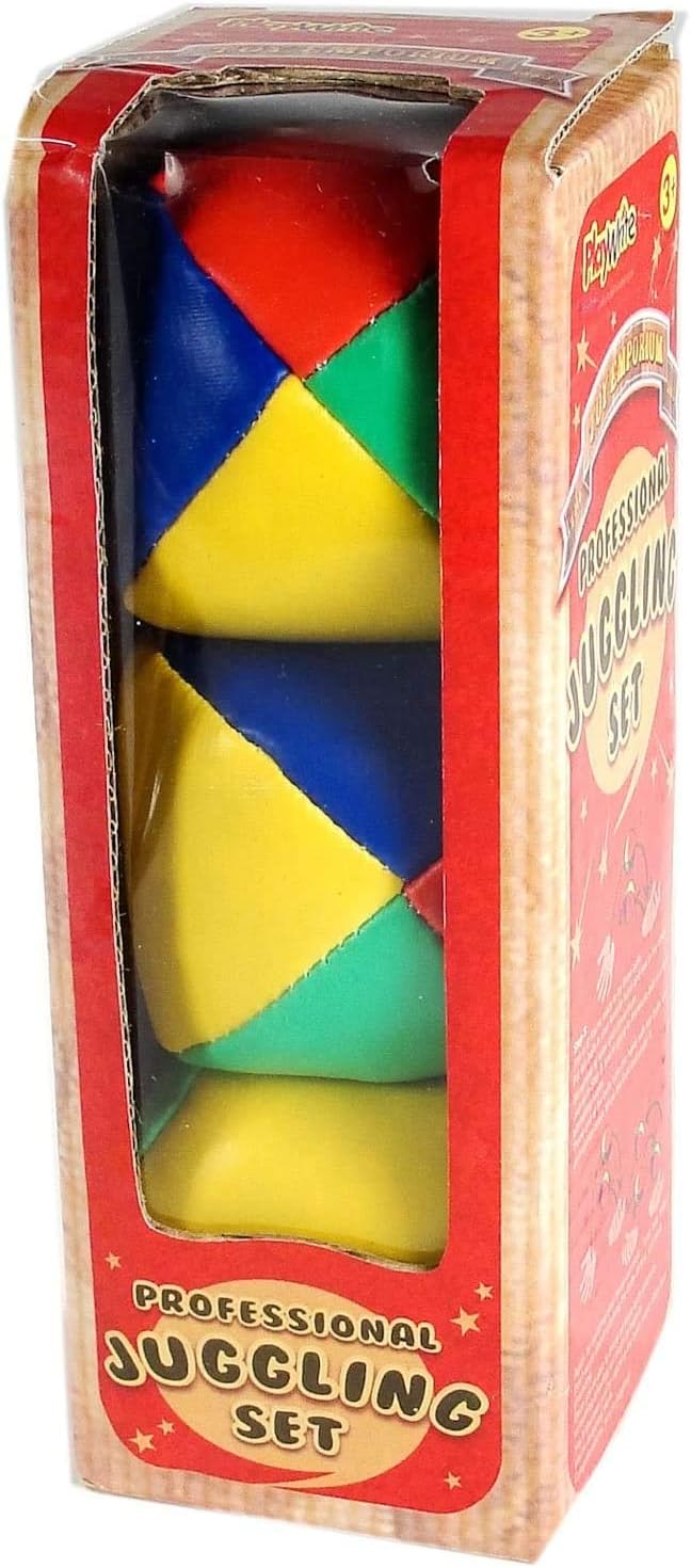 Set of three colorful juggling balls in a box.