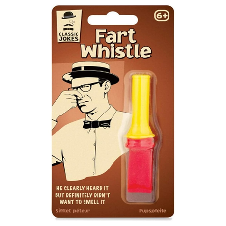 Tobar 10351 Classic Jokes Fart Whistle in colorful design, packaged on a cardboard backing with humorous illustration.