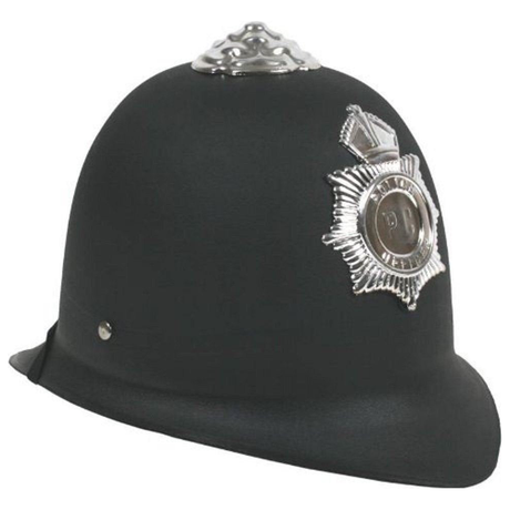 Children's Police Helmet, hard black and silver British design, perfect for dress-up and role-play.