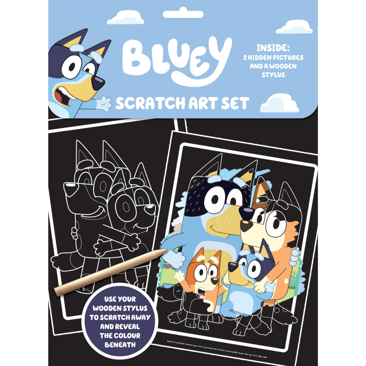 Bluey Scratch Art Set with stylus and hidden pictures for kids.