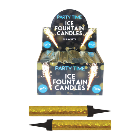 24 x gold ice sparkling fountain candles wholesale box, packs of 2, 48 total.