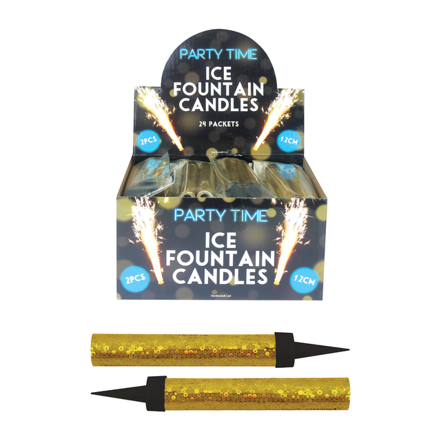 24 x gold ice sparkling fountain candles wholesale box, packs of 2, 48 total.