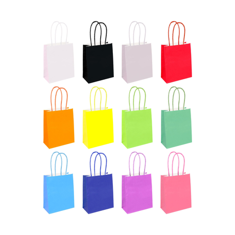 Multi-colour mini paper party bags with coloured handles, set of 12, 12 x 15 x 6cm.