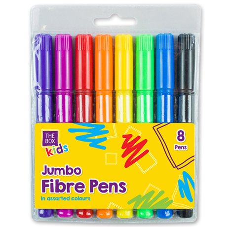 16x Chunky Jumbo Fibre Pens for kids, thick easy grip markers in 8 vibrant colors.