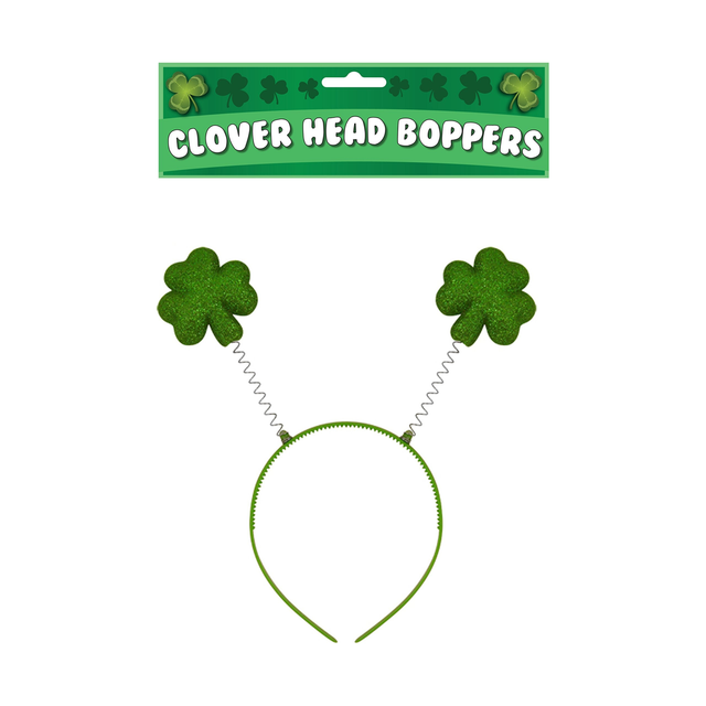 Irish green clover leaf headband with glitter clover boppers for St. Patrick's Day.