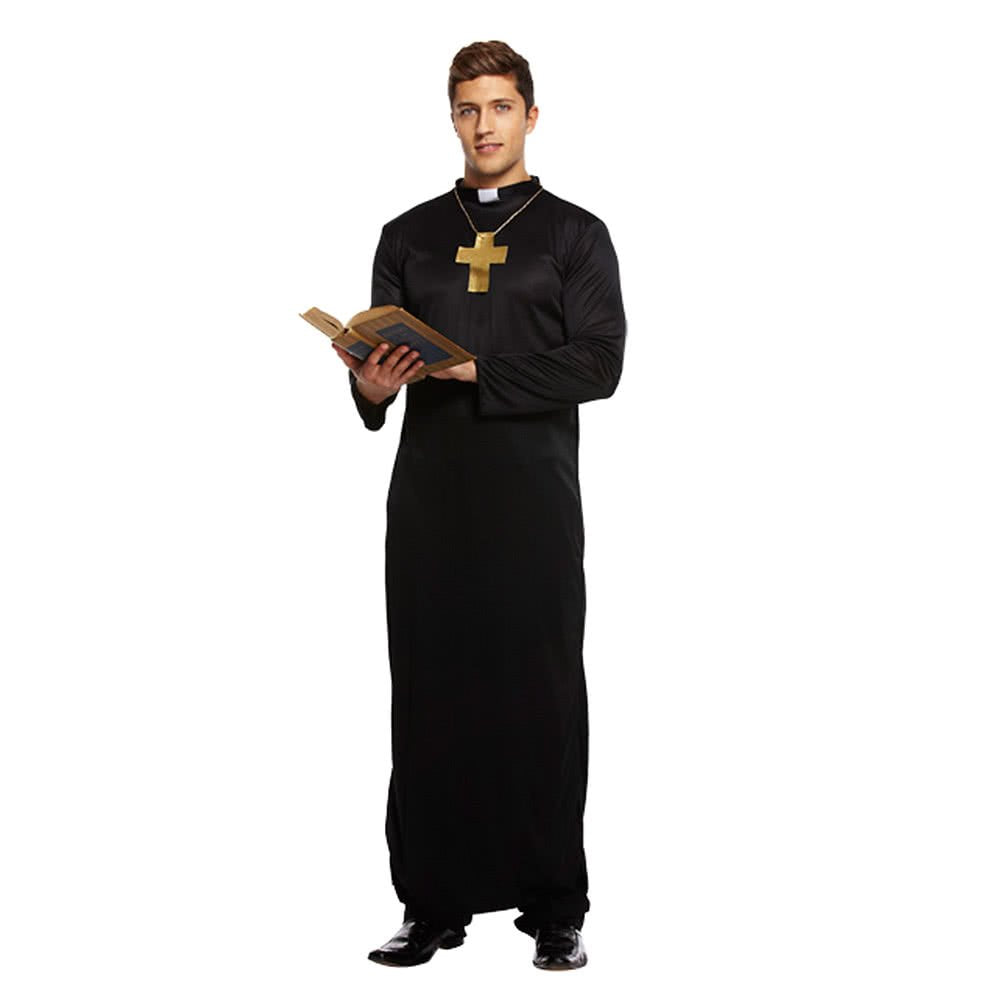 Adult men’s Vicar costume with black robe, white collar, and gold cross necklace.