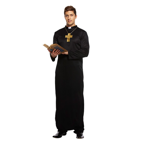 Adult men’s Vicar costume with black robe, white collar, and gold cross necklace.