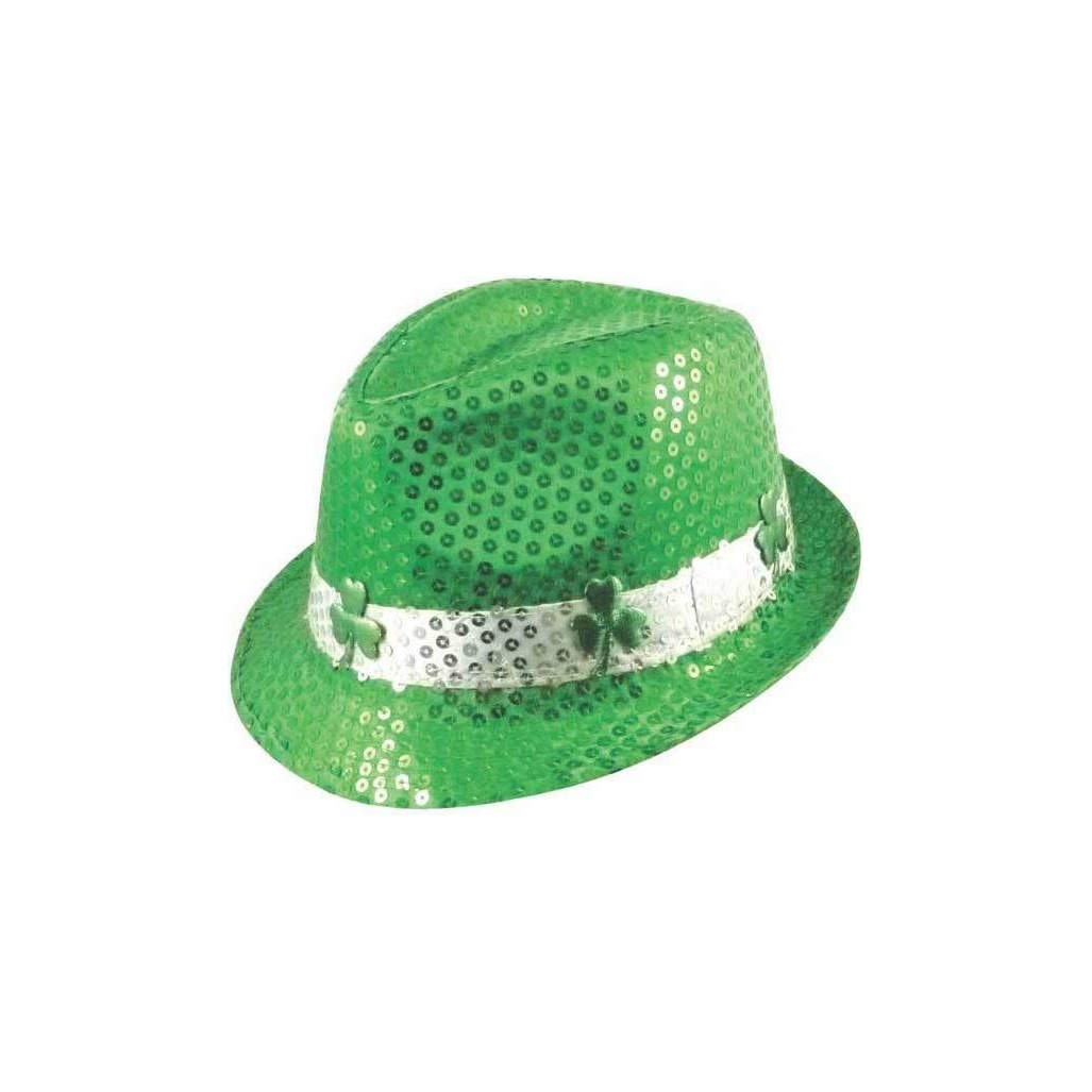 Sequin Trilby Hat with green shamrock design for St Patrick's Day.