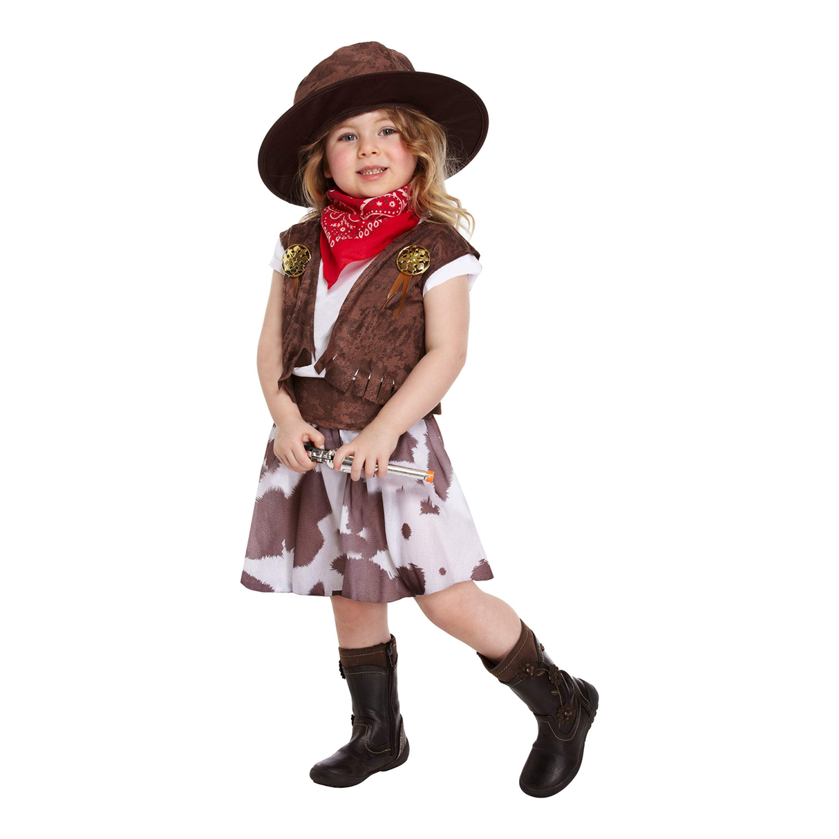 Cowgirl toddler fancy dress costume for age 3 with hat and boots.